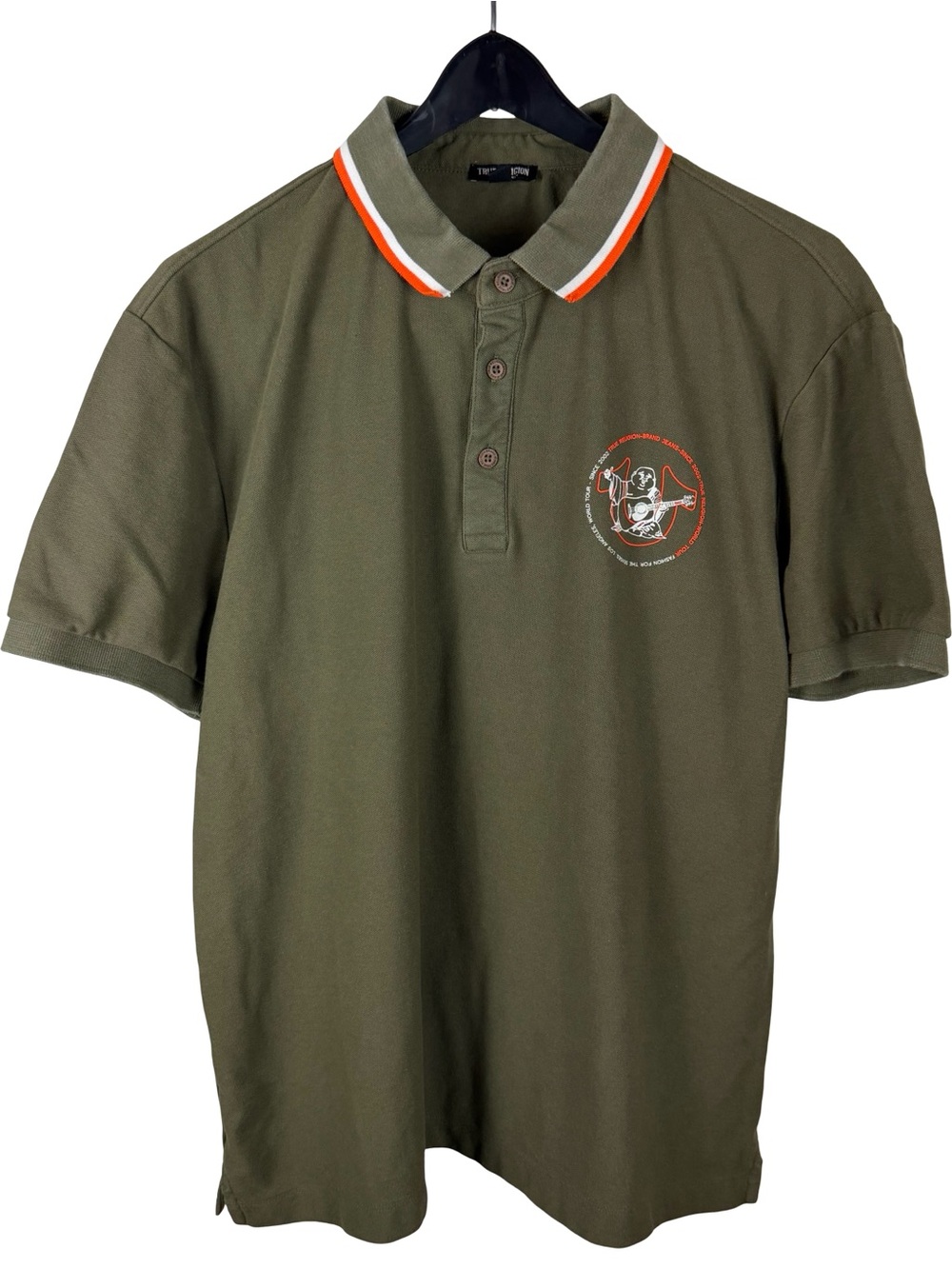 Mens Y2K True Religion Brand Buddha Logo Olive Green Polo Shirt Size L